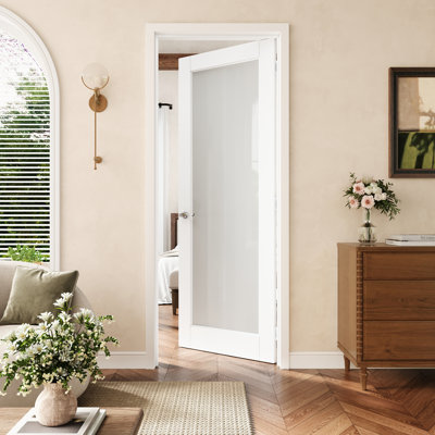 24" x 80" 1-Lite Frosted Glass Interior Prehung Door with Silver Hinges, Privacy Glass Door Slab with Frame, Interior Door as Pantry Door, Bedroom Door, Laundry Door, Closet Doors, Room Doors, Right Hand