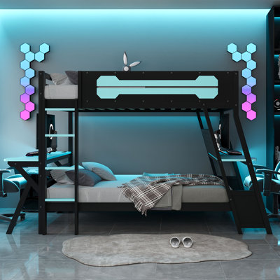 Lit superposé double avec deux bureaux de jeu intégrés, ports de bureau USB et organisateur de panneau perforé, cadre de jeu superposé pour joueur, bleu nuage