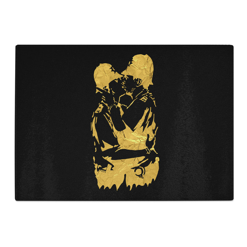 Banksy in Gold Kissing Policemen Chopping Board, 0.4cm H x 28.5cm W x 39cm L