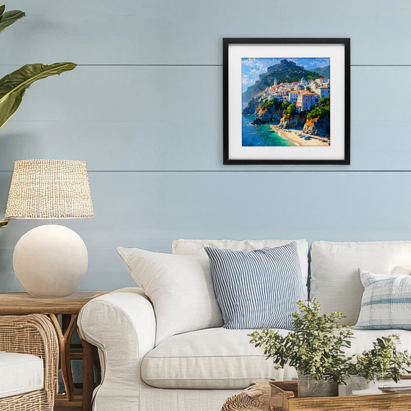 «Seaside Town's Beach View», reproduction encadrée sous verre, design par LSR Creative Studio, Cadre noir minuit