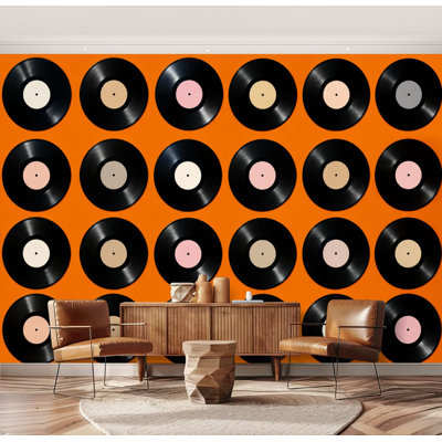 Wall Mural Peel and Stick records orange autumn music Vinyl Old LP collection Entertainment Large Wallpaper Self-Adhesive Removable Contact Paper Wall Decor for Living Room Bedroom Nursery 69"H x 96"W