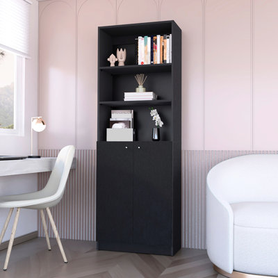 Bibliothèque noire à 2 portes avec tablettes ouvertes pour la décoration intérieure et les fournitures de bureau