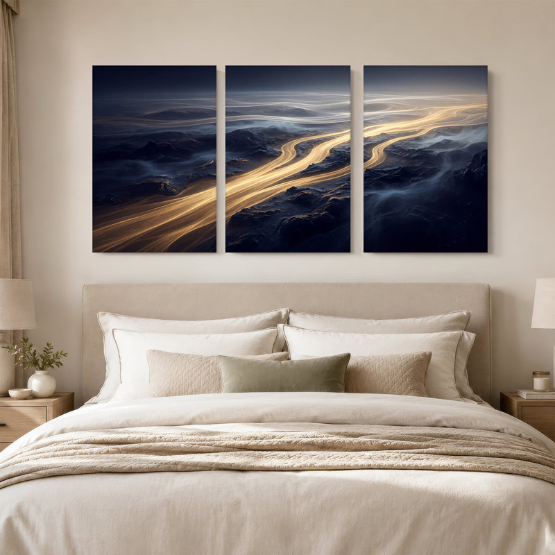 Toile abstraite et dorée abstraite, ensemble de 3 toiles montagneuses, H 36 po x l 24 po x 3 pièces