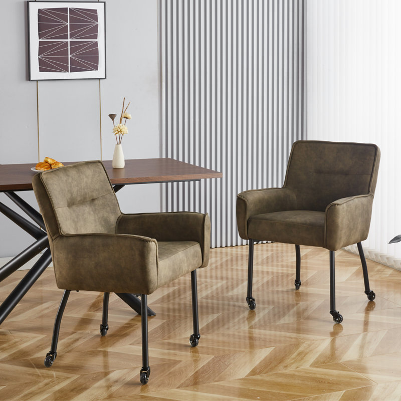 Anya 25.5" Wide Upholstered Armchair with Casters for Dining or Home Office（Set of 2））, Green, 2
