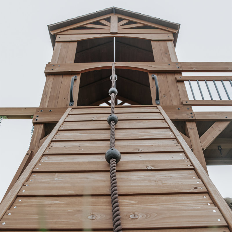 Backyard Discovery Sterling Point Cedar Wood Swing Set with Wave Slide, Clubhouse, Wooden Bridge, and Rock Wall