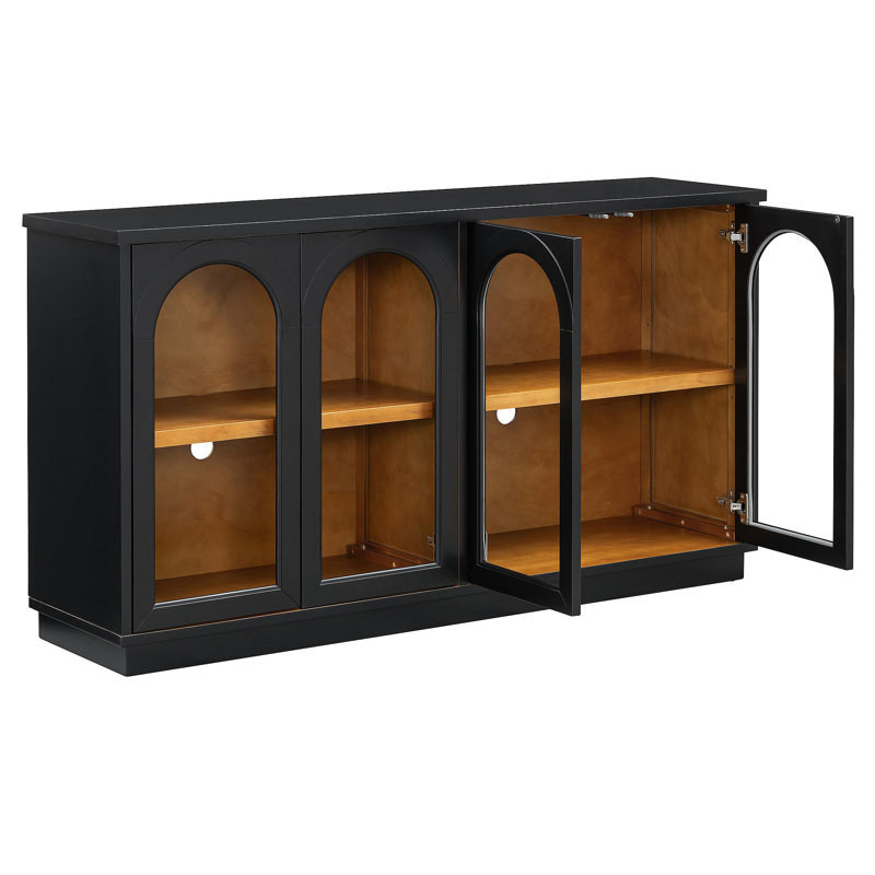 4-Door Large Storage Buffet Cabinet With Glass Doors, Arched Cabinet With Adjustable Shelves For Kitchen, Dining Room And Living Room (Black)