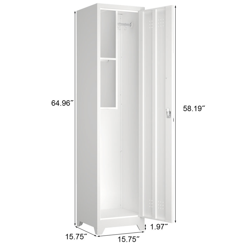 Rangement de salle de bain mince en métal de 65 po avec crochets et tablettes ouvertes, outils de nettoyage essentiels pour la maison, conception à serrure sécurisée, ventilé à odeur, armoire étroite peu encombrante et polyvalente pour le rangement