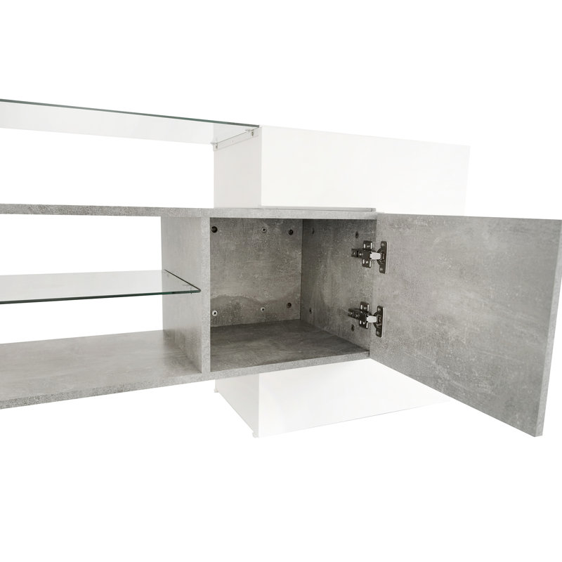 Meuble télé attrayant avec présentoir à DEL et capacité de rangement ultrabrillant gris, 2 tablettes en verre trempé, beaucoup d'espace
