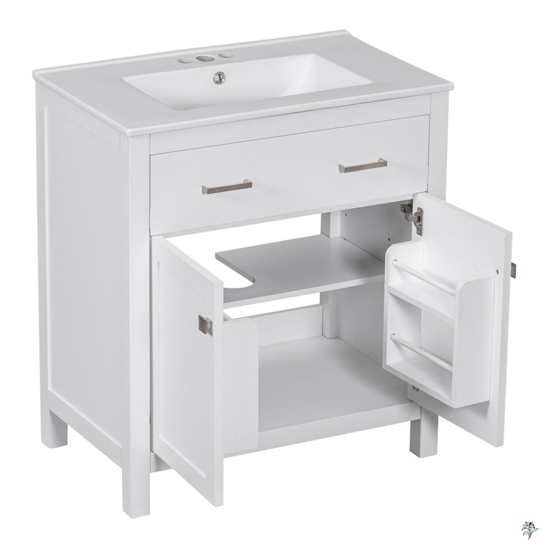 Meuble-lavabo de 30 pouces avec lavabo en céramique, 2 portes et une tablette, portes à fermeture en douceur, Blanc / argenté