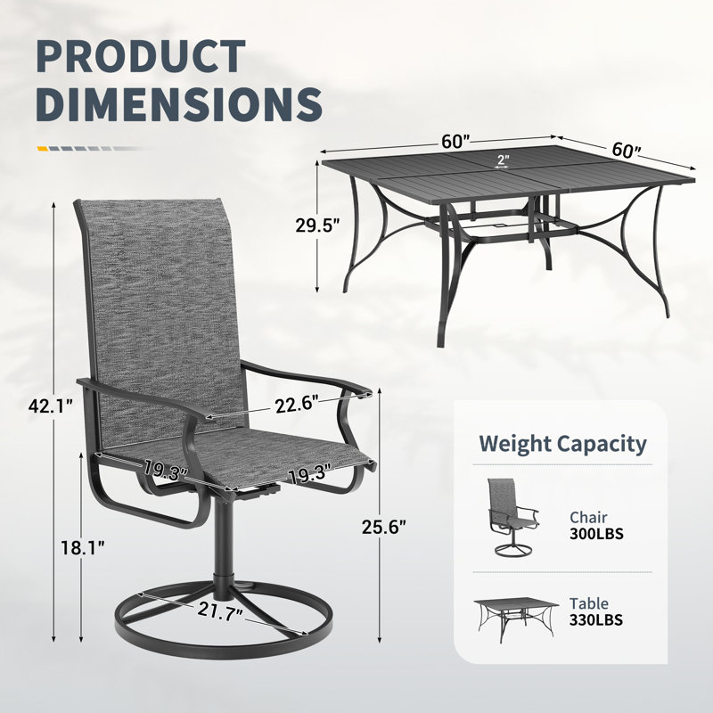 Ensemble repas pour 8 personnes avec chaises pivotantes, table de patio et chaises avec trou pour parasol, ensemble de patio pour l'extérieur