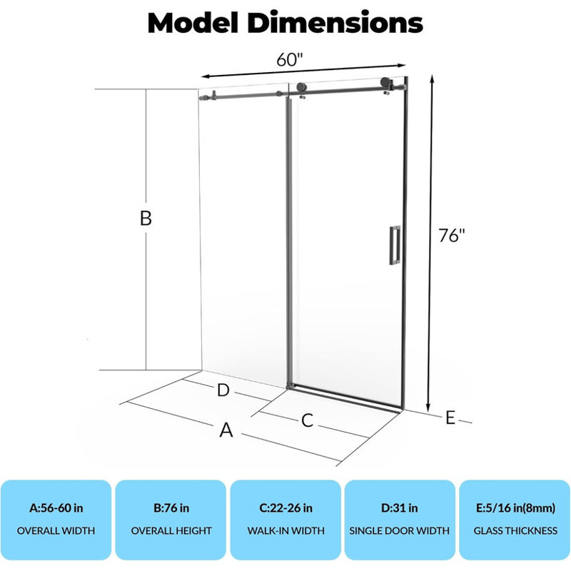 76" Sliding Shower Door 56-60" W, Brushed Stainless Steel Glass Door with Seal Strip & Handle, Black