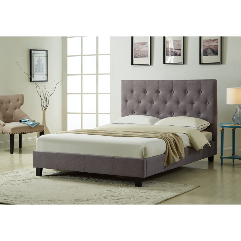 Lit plateforme tapissier avec tête de lit capitonnée, aucun sommier requis, moderne, gris, simple, Gris, Simple