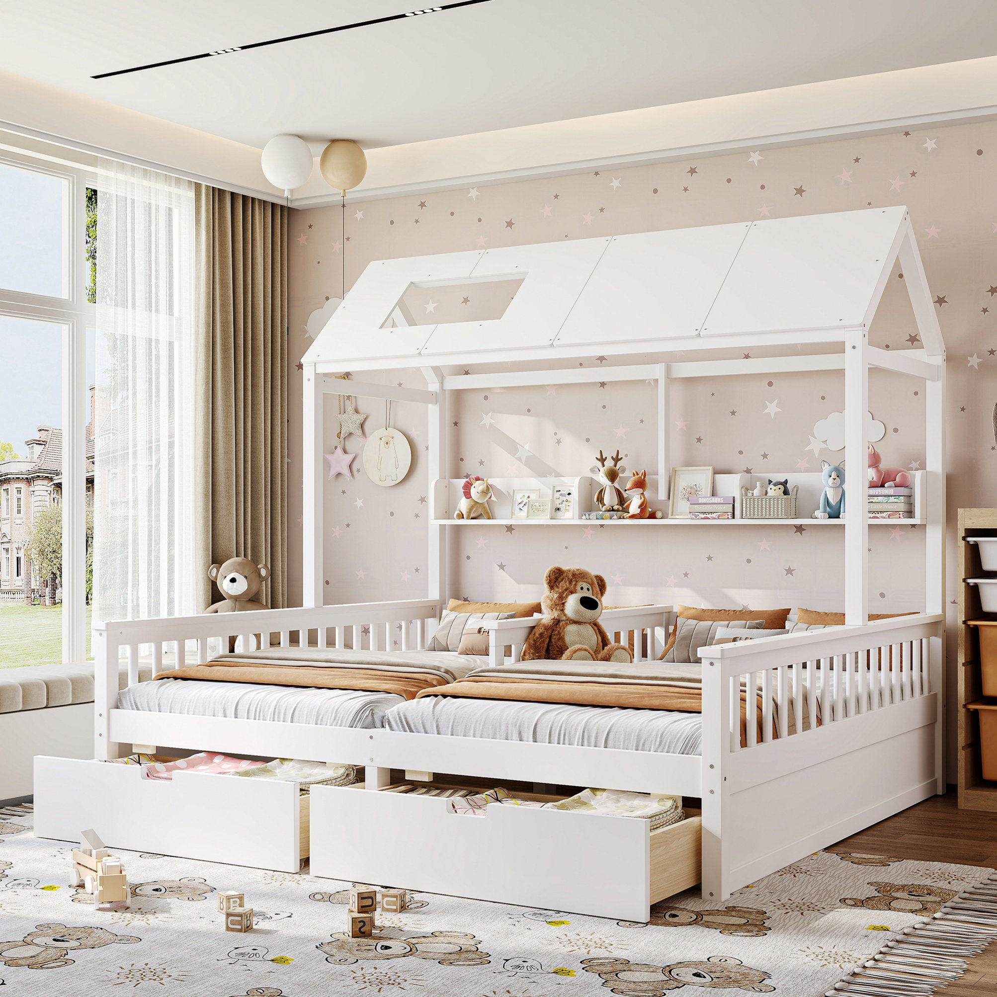 Gracie Oaks Kids Double Twin House Platform Bed With Shelves And 2 ...