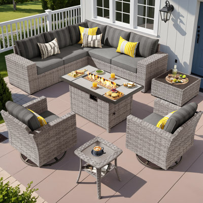 7 - Person Patio Furniture Set with Swivel Rocker, Outdoor Wicker Rattan Sectional Seating Group with Cushions, All Weather Sofa Conversation Set with Fire Pit Table for Garden Backyard