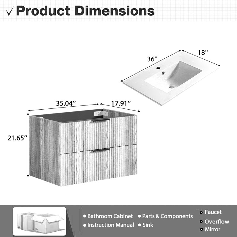 Meuble-lavabo mural 36 po avec panneau cannelé 3D et lavabo intégré en céramique, 36"