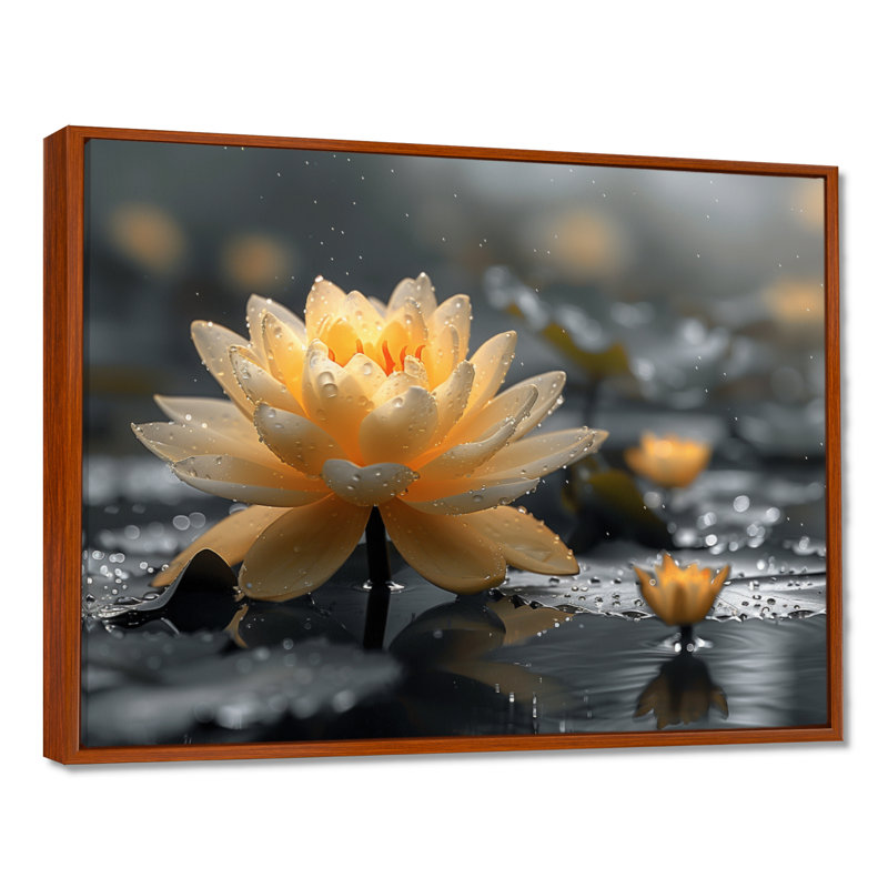 Étang de lotus tropical beige et gris I - art mural lotus, Cadre flottant brun, H 34 po x l 44 po