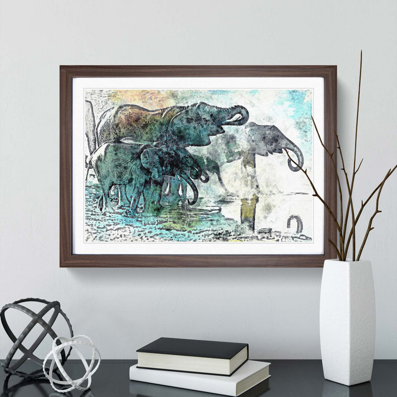 Elephants at the Waterhole in Abstract - Picture Frame Painting Print on MDF, Walnut Framed, 36cm H x 48cm W x 2cm D