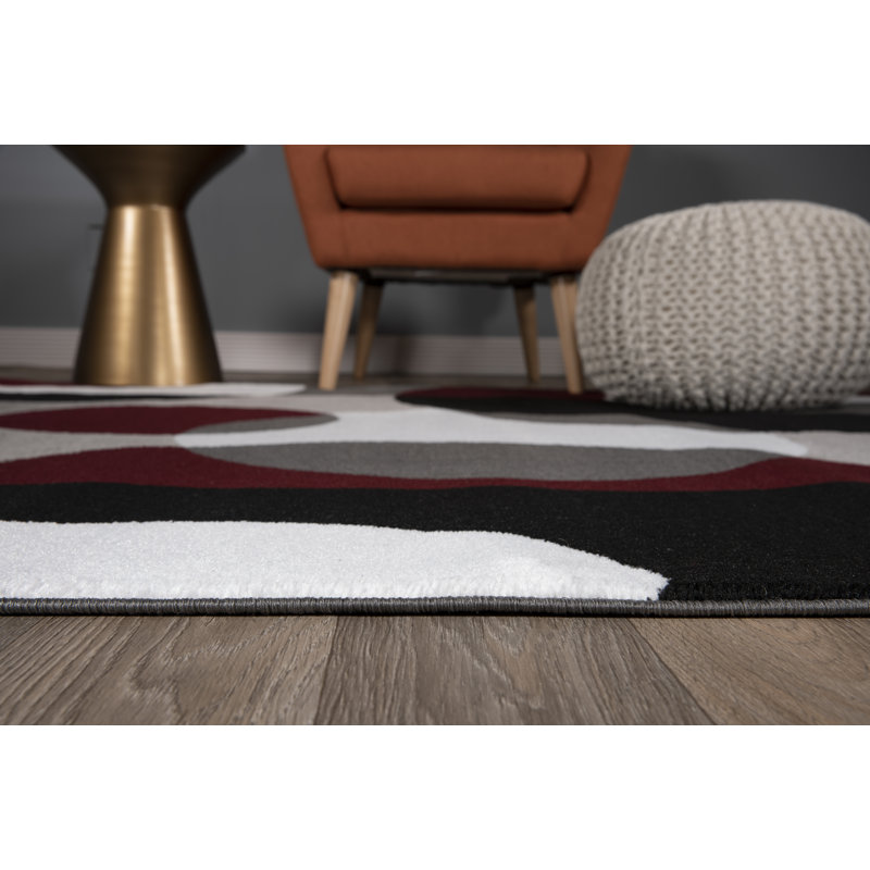 Tapis tissé géométrique bourgogne / gris / blanc Amirr - Tapis en polypropylène à cercles abstraits modernes pour le salon, la chambre à coucher ou la cuisine