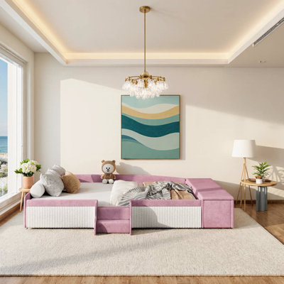 Elegant Full Size Velvet Upholstered Daybed with Stairs & Gas Lift Storage Ottoman – Pink & White, Perfect for Kids' Room