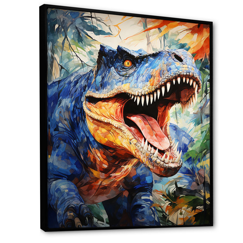 «Colorful Roaring Trex Dinosaur II», art mural dinosaure, Cadre flottant noir, 32" H x 24" W