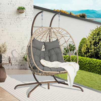 Fauteuil à œufs de patio suspendu: support en fer antirouille à double panier, tissé à la main, coussin confortable, extérieur