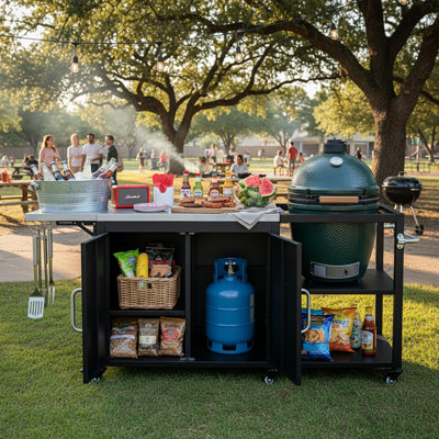 Chariot de barbecue extérieur avec abattant, comptoir en acier inoxydable, grand espace de rangement et roues verrouillables