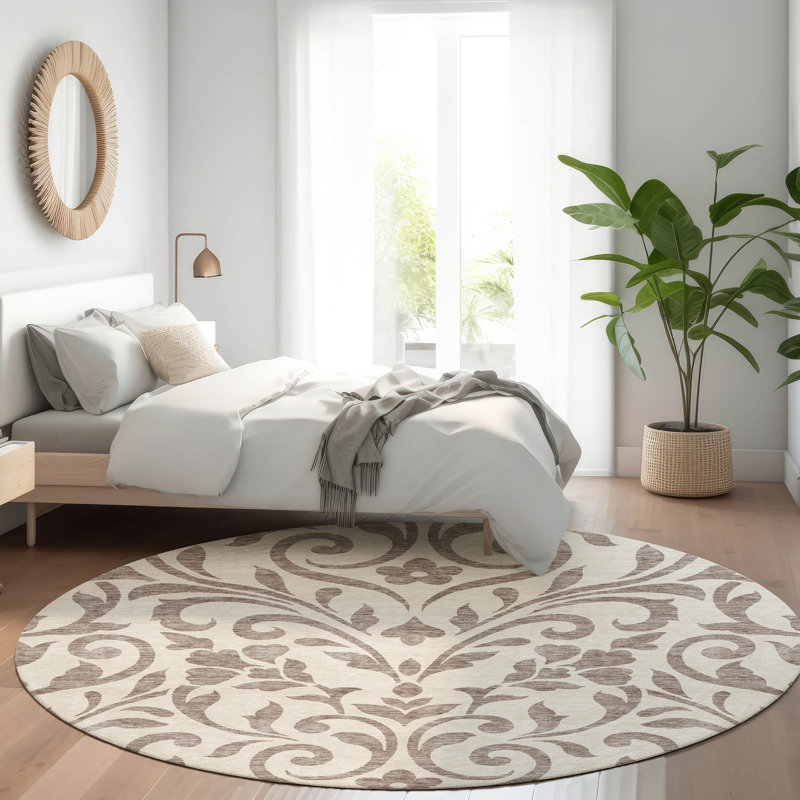 Tapis taupe Prisco lavable à la machine de qualité supérieure, Rond 8 pi