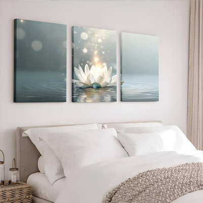 White Lotus Flower with Sparkling Light Canvas Wrapped Wall Art Set of 3 for Living Room Bedroom Meditation Space