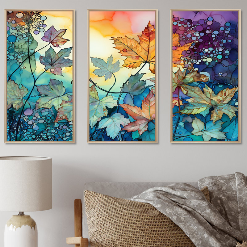 Leaves Autumn Sunlight Harmony - Ensemble de décorations murales feuilles, Cadre naturel flottant, H 32 po x l 48 po x P 1 po