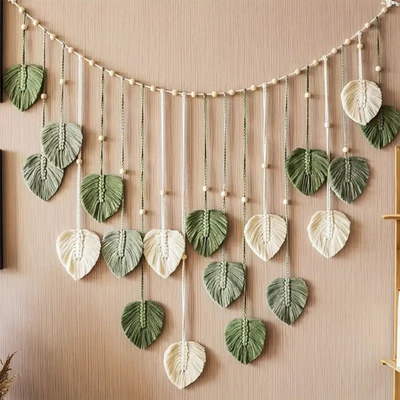 Élégante décoration murale feuille et plumes bohémiennes - Tapisserie tissée moderne en vert, blanc et beige mélangés - idéale pour la décoration intérieure et les cadeaux pour maman, décoration bohème