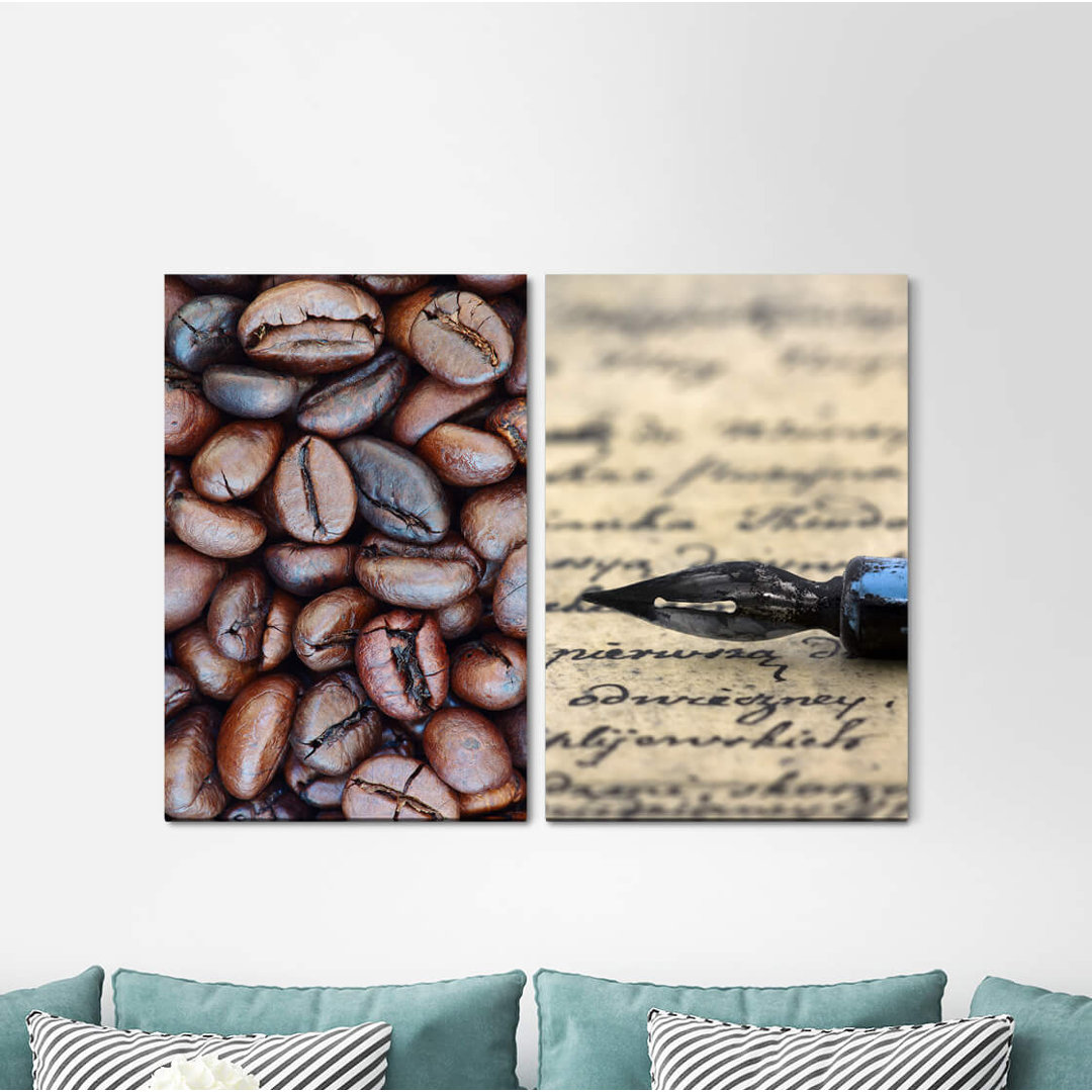 2-tlg. Leinwandbilder-Set - Fotografie „Coffee Beans Ink Pen Calligraphy Cozy Local Club”