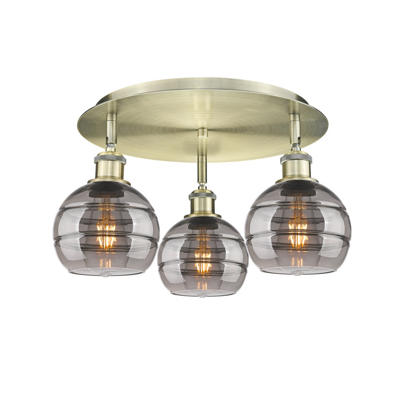 Plafonnier semi-encastré Glassoff, Gris fumée clair, Laiton antique, H 8,88 po x l 17,63 po x P 17,63 po