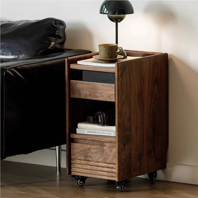 Modern Minimalist Walnut-Coloured Pine Sofa Side Table with Casters