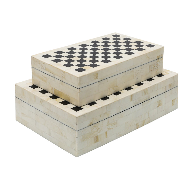 Knouse Checkered Decorative Box with Lid for Jewelry or Keepsakes – Modern Storage Accent for Entryway, Tabletop, or Shelf – Decorative Box Home Organizer – Set of 2, 12", Black & White