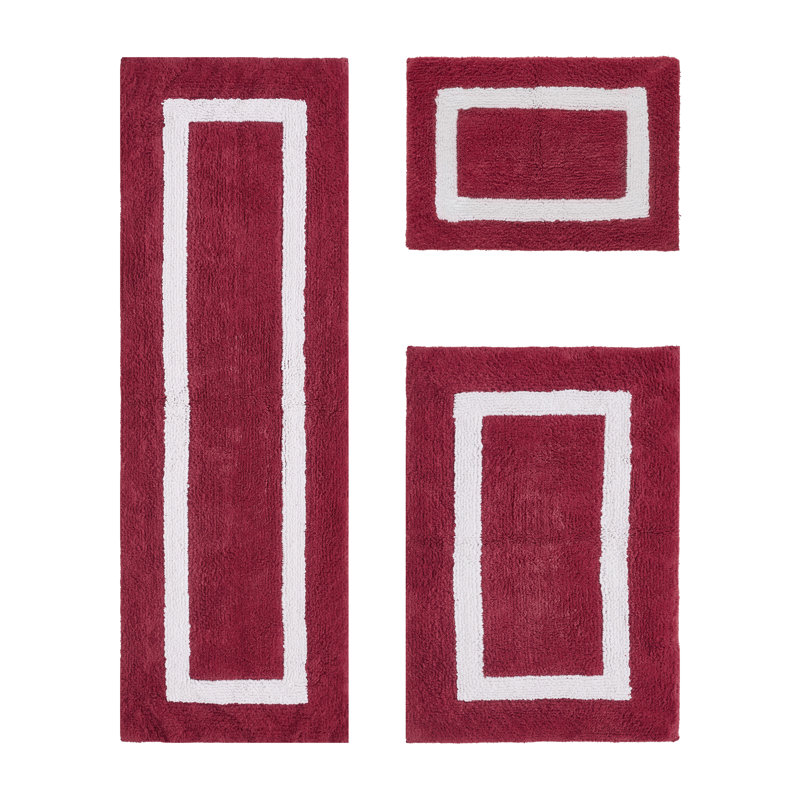 Ensemble de tapis de salle de bain réversible 100% coton ultra doux 3 pièces Atle, Rouge / Blanc