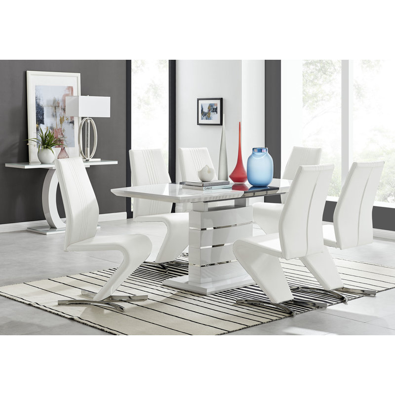 Renne Modern High Gloss Extendable Dining Table Set With 6 Modern Design Faux Leather Dining Chairs, White/Silver