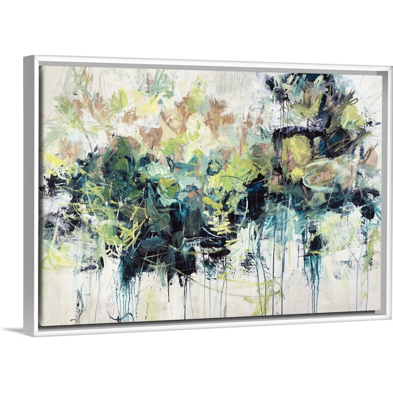 « joyful jungle », peinture sur toile, H 17,7 po x l 25,7 po x P 1,75 po, Cadre flottant blanc