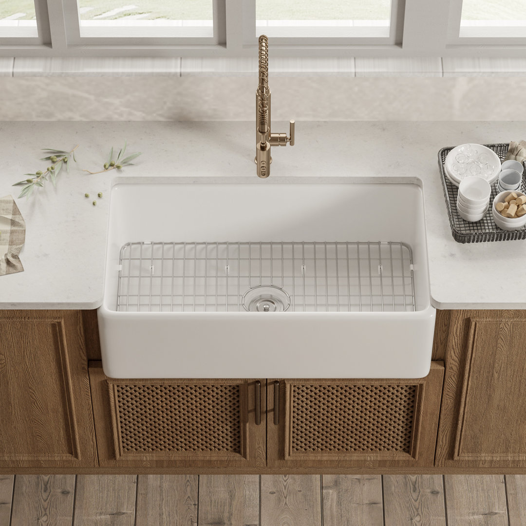 Grove 30" L X 18" W Rectangular White Single Basin Fireclay Farmhouse / Apron Kitchen Sink with Grid and Strainer DeerValley