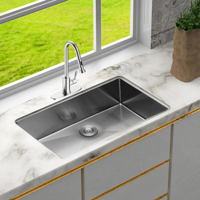 32" X 19" 9" 16 Gauge Undermount Kitchen Sink, Single Bowl Of 304 Stainless Steel, X - Shaped Water Flow Pattern, Condensation Coating And Noise Reducing Pad 32 Inch Sink In Brushed Nickel, Drainage,