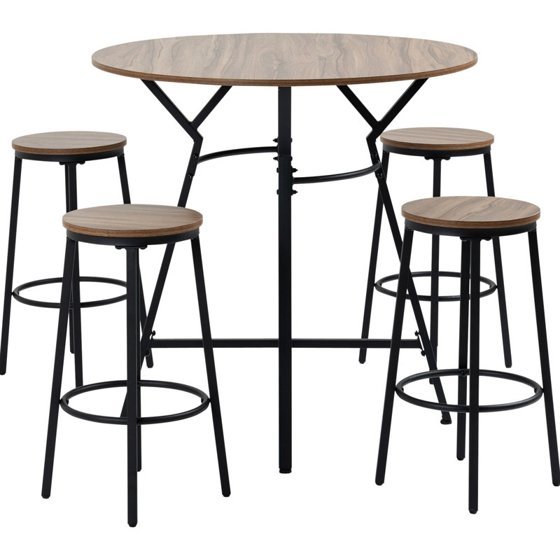 Table de salle à manger et chaises industrielles 5, peu encombrantes pour la cuisine de pub. Noir et brun 4 tabourets. Peut supporter jusqu'à 132 lb, 220 lb. Assemblage requis: