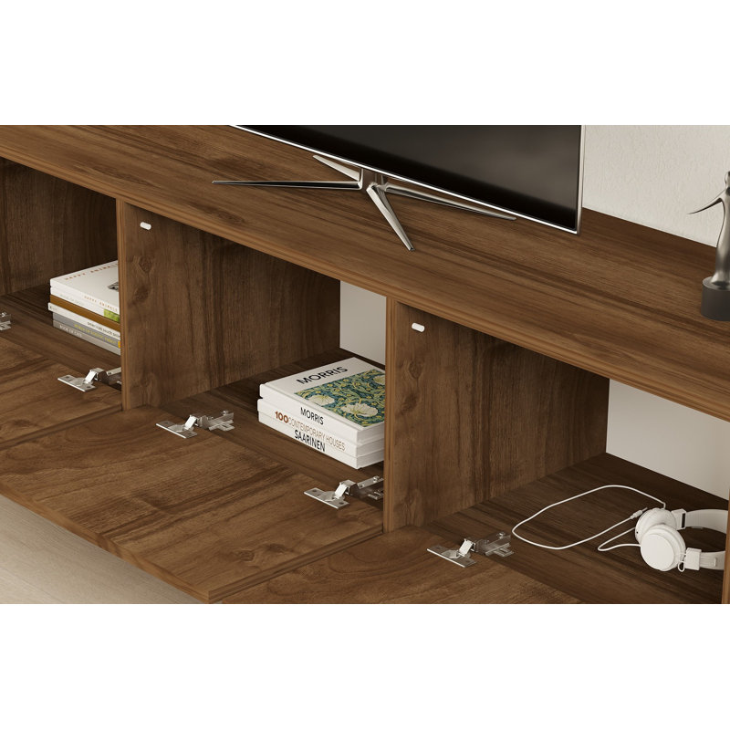 Modern TV Stand, Walnut Color, 63.0 x 19.7 x 15.7 inches | 100% Melamine Coated Particle Board, Thickness: 0.7 inches | Wall-Mountable with Numerous Shelves for Extra Storage, Stylish Industrial Design