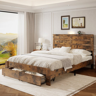 Cadre de lit avec 2 tiroirs de rangement et 2 ports USB, cadre de lit plateforme en bois avec station de charge pour tête de lit, support à lattes en métal, matelas non requis