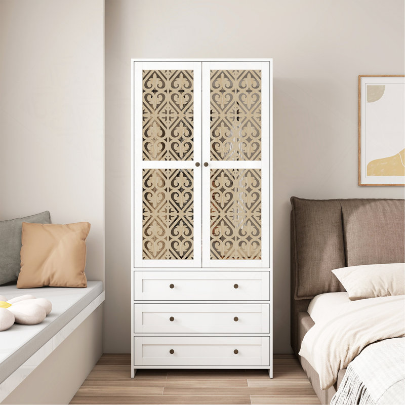 Garde-robe à 3 tiroirs à motif creux, la collision du bois et du blanc, convient aux chambres à coucher et aux vestiaires