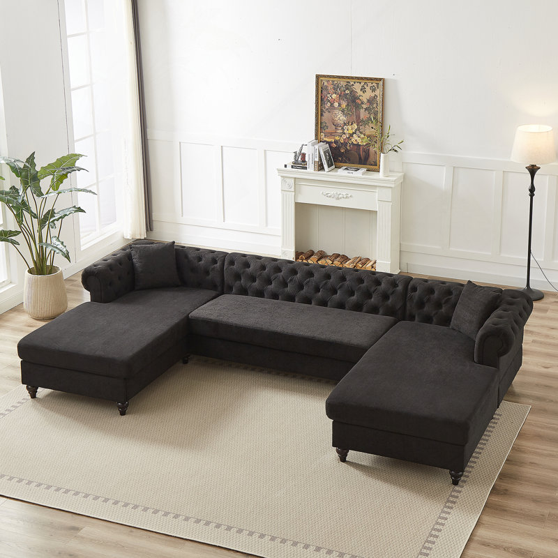 Charmant canapé trois pièces en chenille avec tirette et pieds en bois pour diverses pièces, Noir