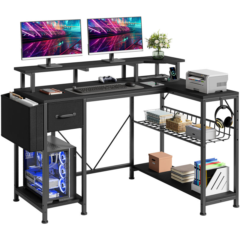 L-Shaped Metal Base Computer Desk with Power Outlet, Black, 92cm. H x 120cm. W x 50cm. D