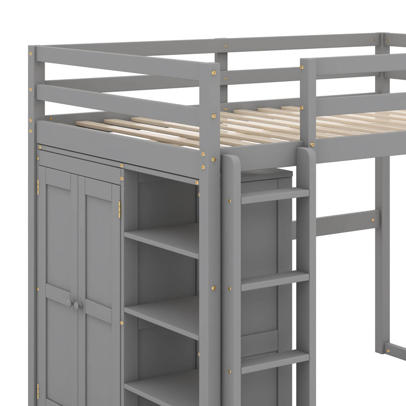 Lit mezzanine double avec tablettes et DEL, Gris