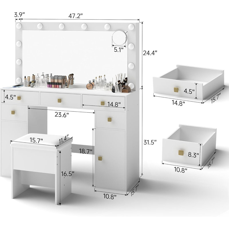 Bureau de coiffeuse pour maquillage, grand miroir de 41 po, 12 ampoules à DEL 3 couleurs réglables, 5 tiroirs, convient au meuble-lavabo pour filles, blanc