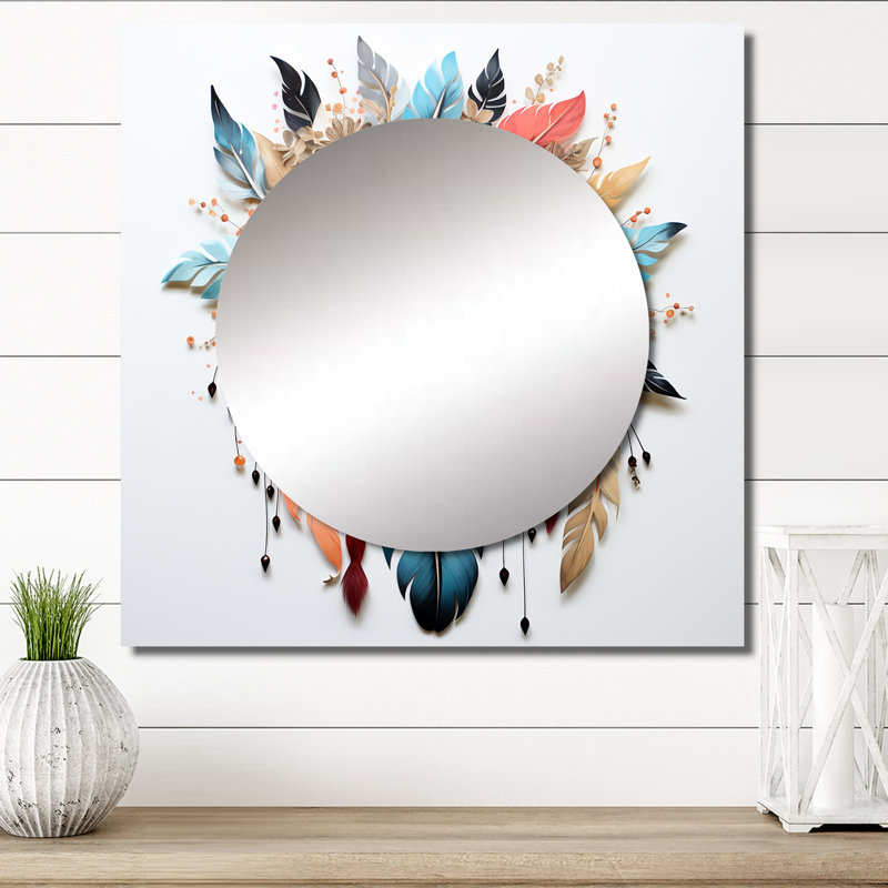 Fleurs orange bohème orange et plumes bleues I - Miroir carré Dream Catcher pour décoration murale, 36 po x 36 po