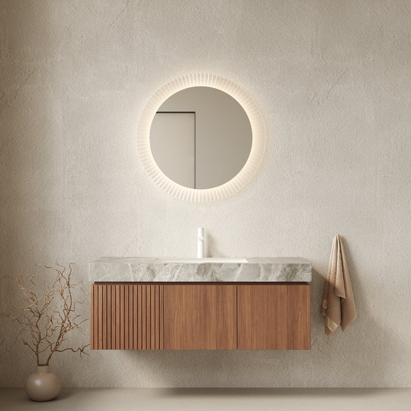 Meuble-lavabo flottant 48 po avec comptoir en pierre frittée, lavabo en céramique, armoire en contreplaqué