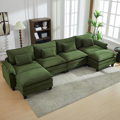 154" U-Shaped Modular Sectional Cloud Couch With 2 Ottomans, 6-Seat Corduroy Deep Seat Sofa With Pillows For Living Room